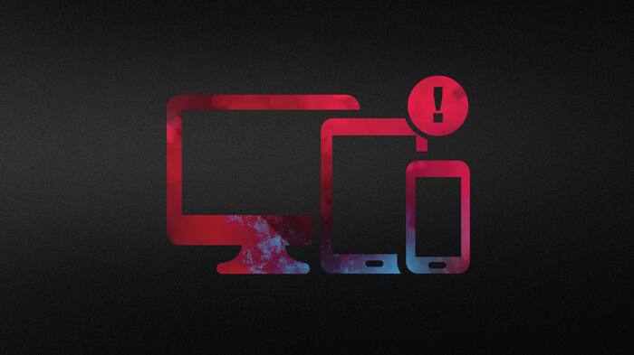 Abstract symbol in black and red representing various digital terminal devices