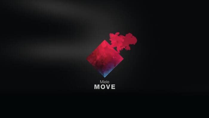 Miele Move Schriftzug auf dunklem Hintergrund mit pink-rotem quadratischem Logo.