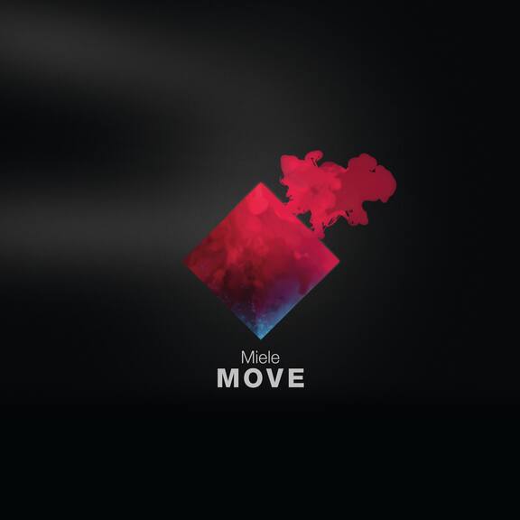 En rød, blå diamant på sort baggrund med påskriften Miele Move.