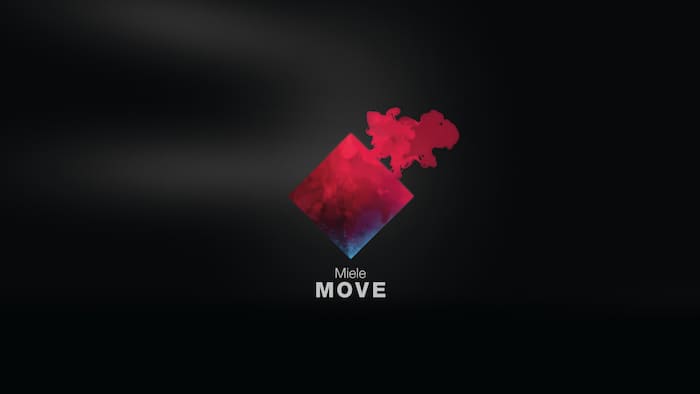 Miele Move Schriftzug auf dunklem Hintergrund mit pink-rotem quadratischem Logo.