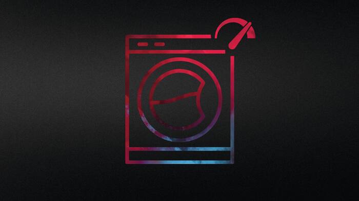 Abstrakti mustapunainen symboli, joka edustaa pesukonetta, mukana myös koneen käyttöä kuvastava kuvake