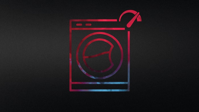 Abstraktes Symbol einer Waschmaschine in den Farben Schwarz und Rot - ergänzt um Icon für Auslastung