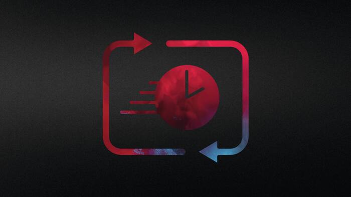 Símbolo abstracto de un reloj en una representación de procesos en color negro y rojo.