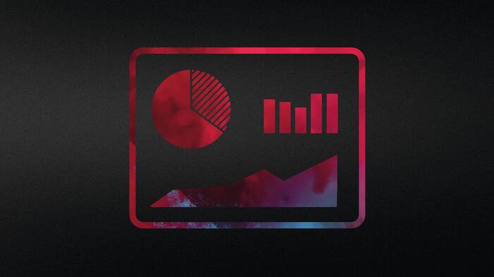 Abstract symbol in black and red representing a tablet with various infographics