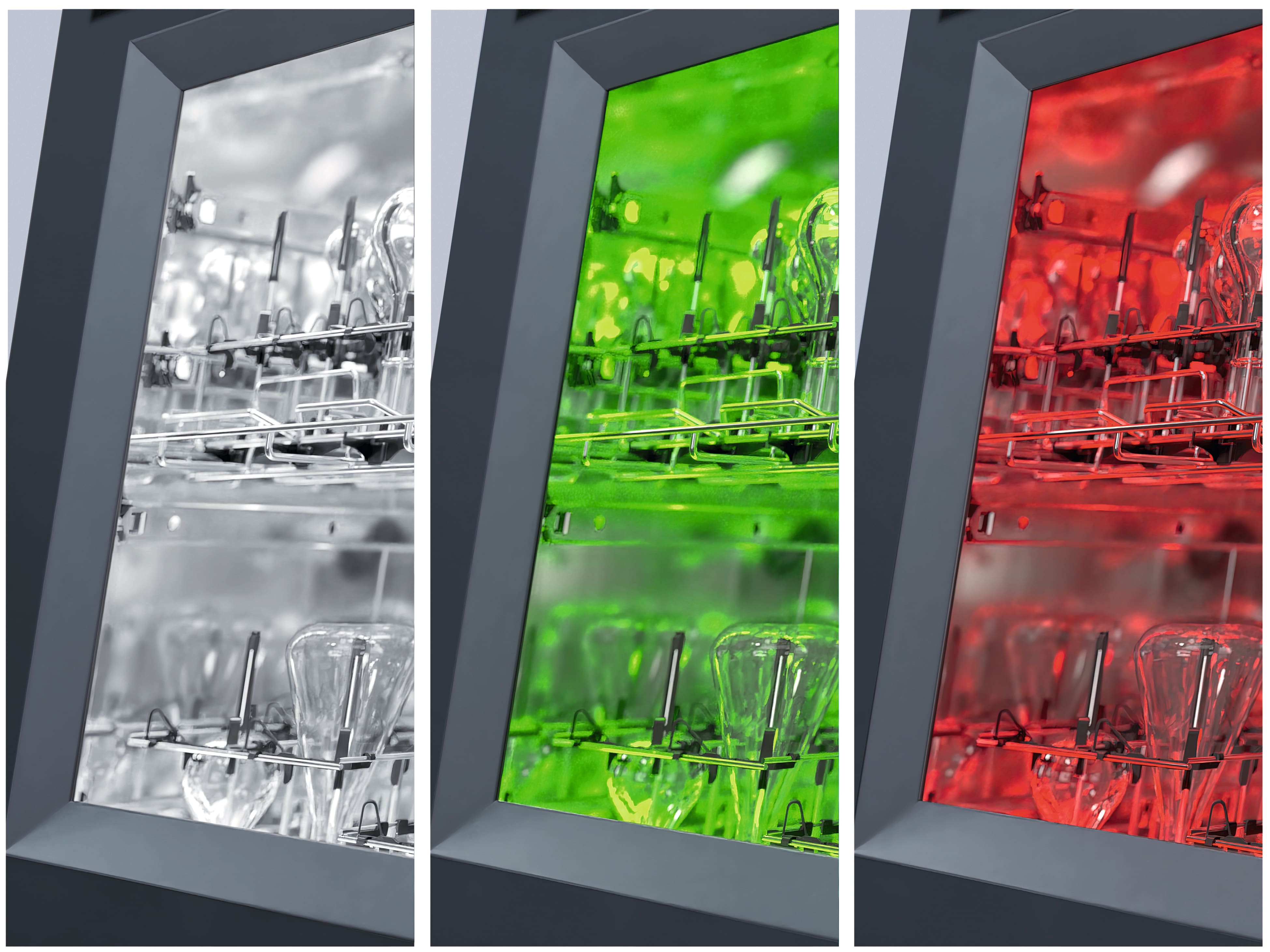 Detailed view of the rinsing chamber in three colors - normal lighting, green and red.