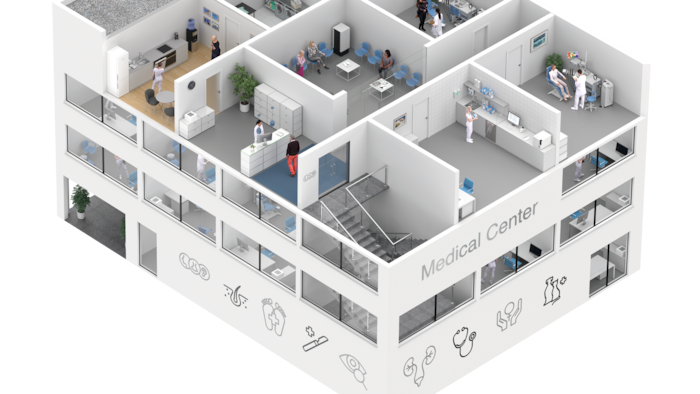 Vizualizace lékařské ordinace s různými prostorami.