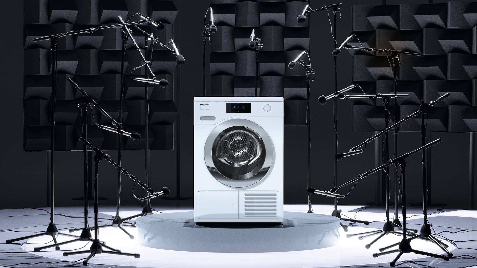 Miele washing machine being surrounded by microphones