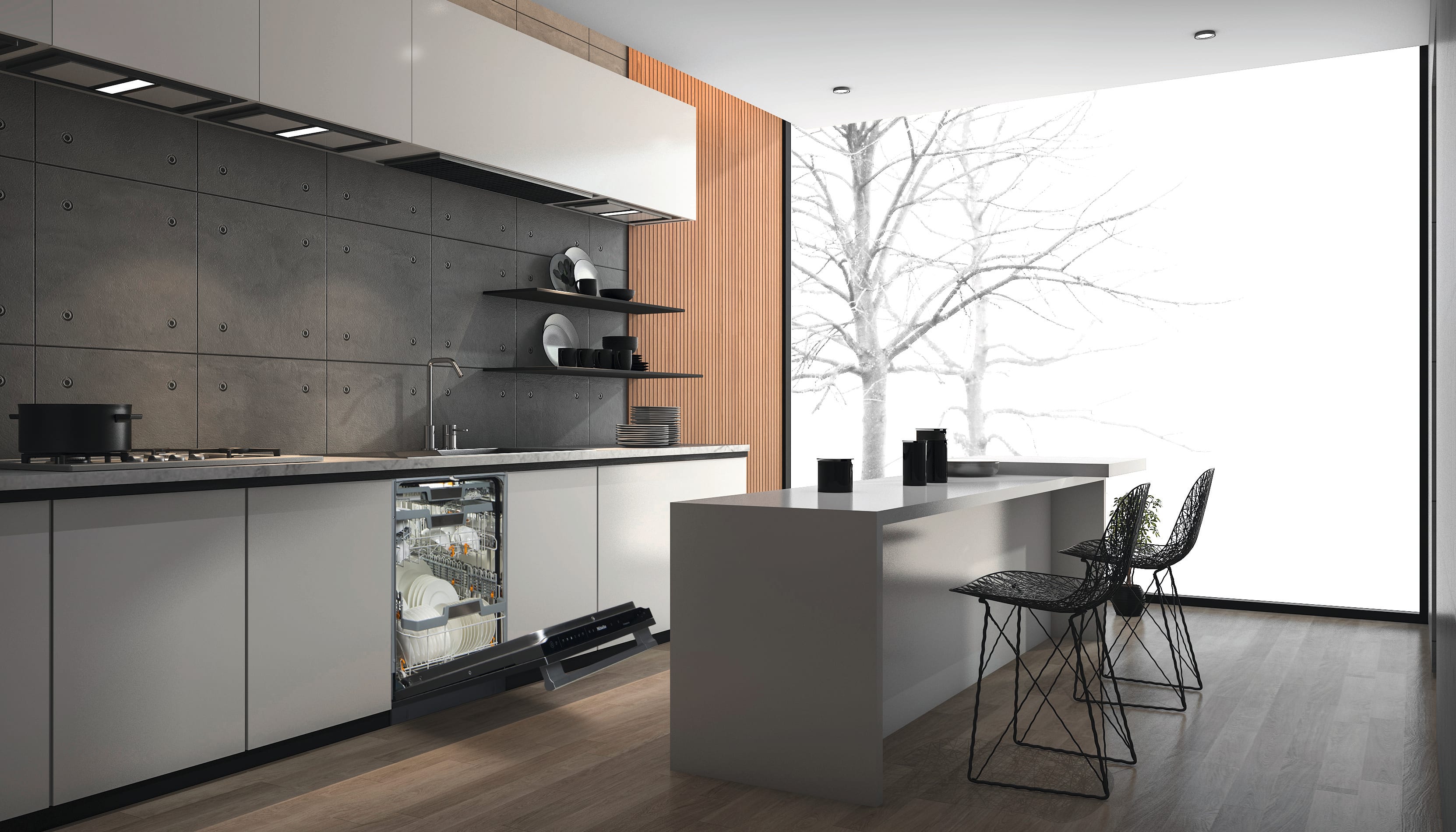 A contemporary kitchen featuring a sleek sink and a built-in dishwasher, showcasing modern design elements.