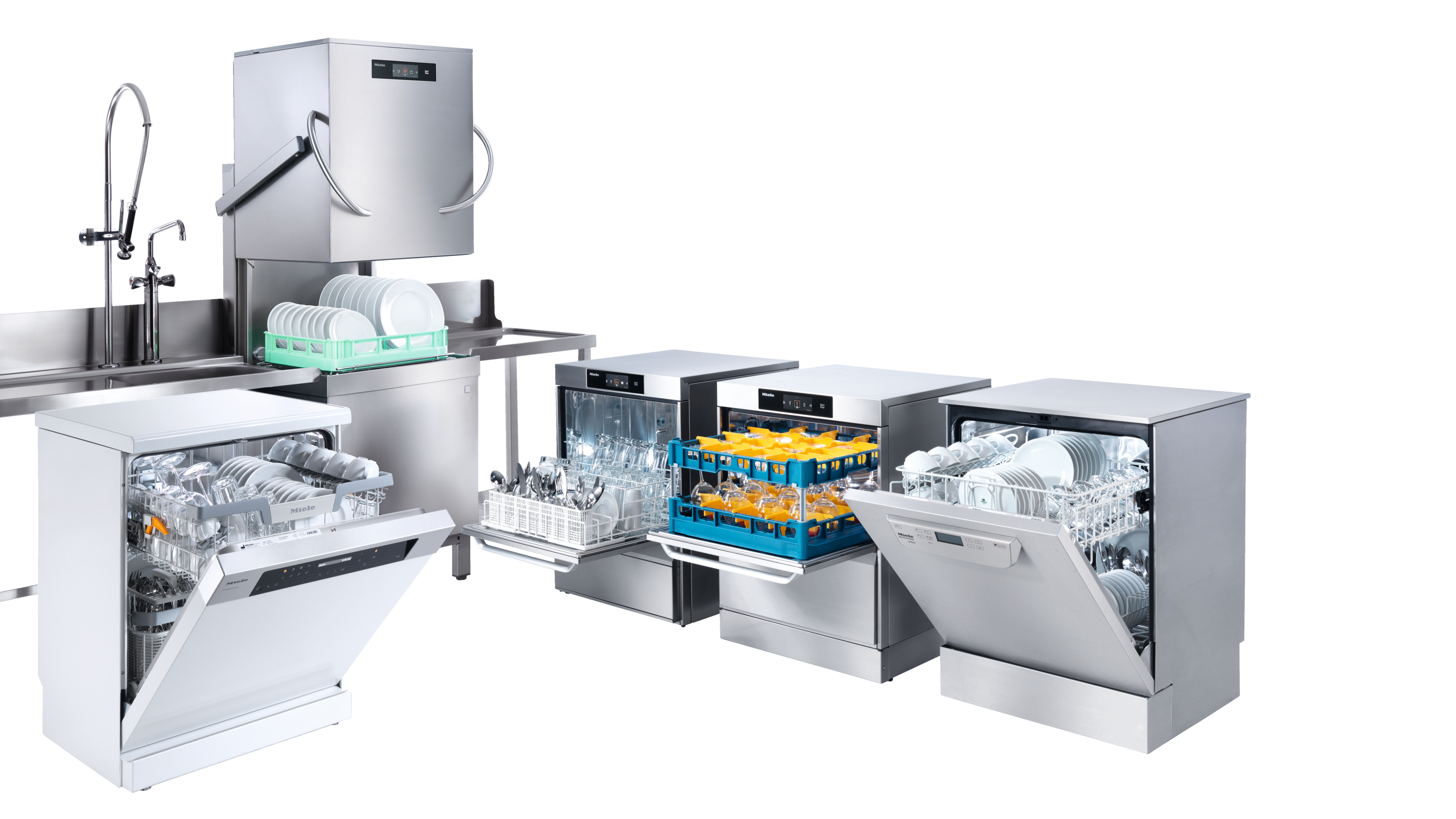 Packshot de uma máquina de lavar louça de carga deslizante da Miele Professional.