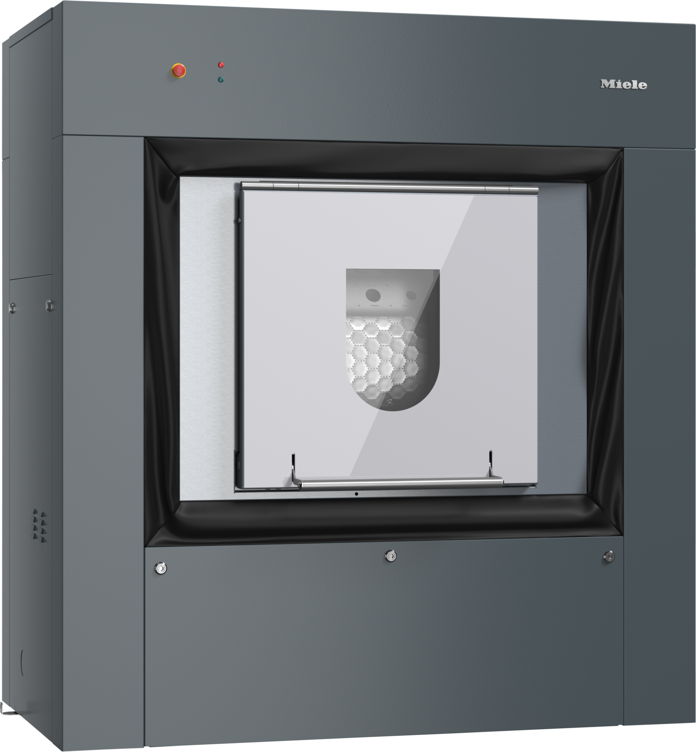 Miele-Wäschereimaschine für den industriellen Einsatz in Dunkelgrau mit einer kleinen zentralen Zugangstür, die eine Schontrommel zeigt.