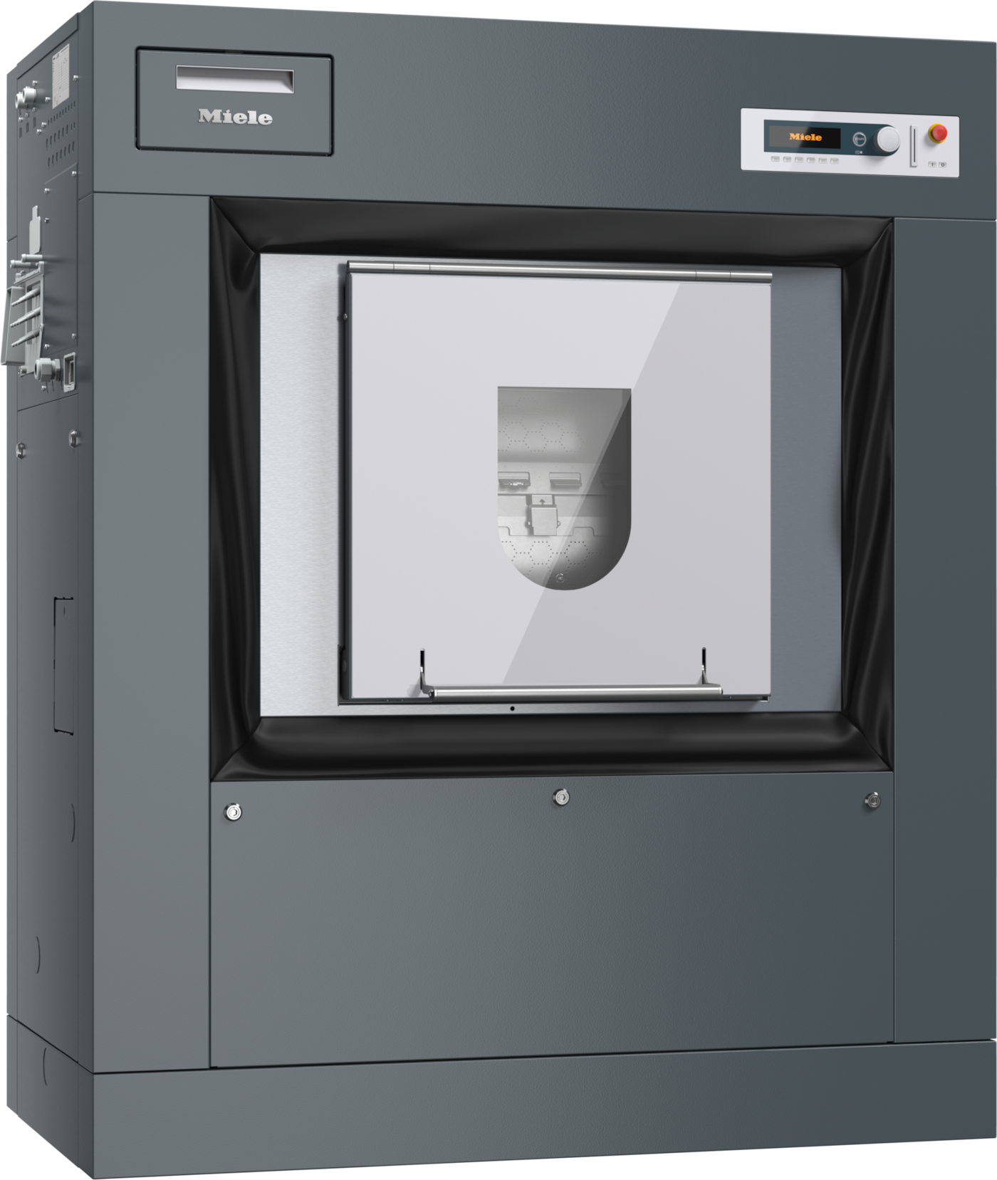 Industrielle Miele Spülgut-Waschmaschine mit grauer Gerätefront, quadratischer Edelstahltür und Bedienblende oben rechts.
