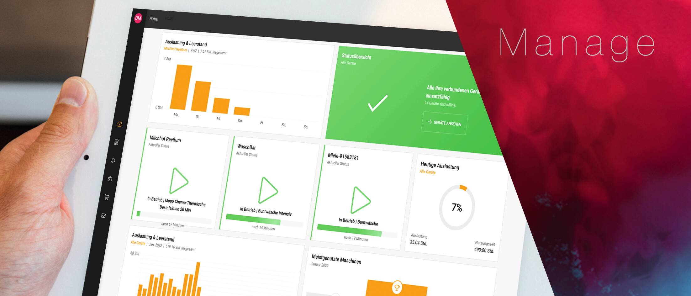 Ein Tablet zeigt die einfache Datenverwaltung auf der digitalen Plattform Miele MOVE