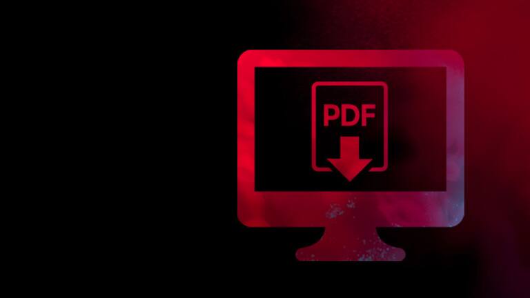 Simbolo astratto di uno schermo del computer con PDF nei colori nero e rosso