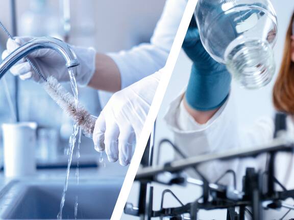 Manual cleaning versus machine reprocessing of laboratory glassware and utensils