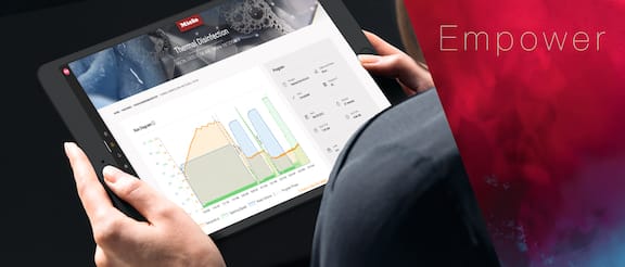 A tablet display shows a data analysis by Miele MOVE in the form of numbers and infographics.