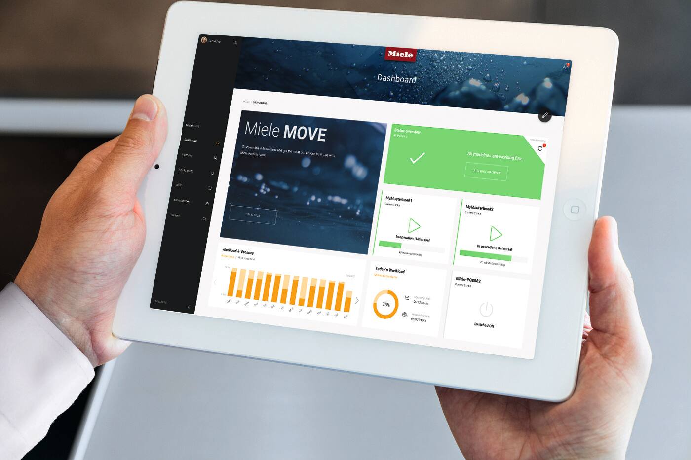 Tablet připojený k Miele MOVE zobrazuje přehled programu výrobku MasterLine