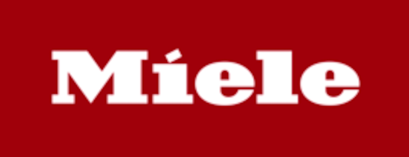 Miele-logotyp i vit serifbokstäver på röd rektangulär bakgrund