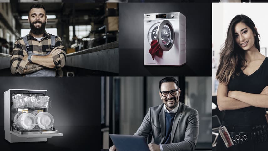 There is a collage with pictures of Miele Professional machines such as the MasterLine dishwasher, SmartBiz washing machine and the PIB 100 steam ironing system and various people from small businesses.