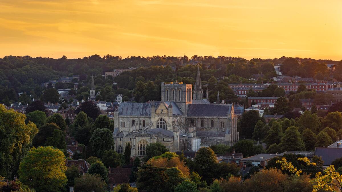 The Winchester Collage in the light of the sunset