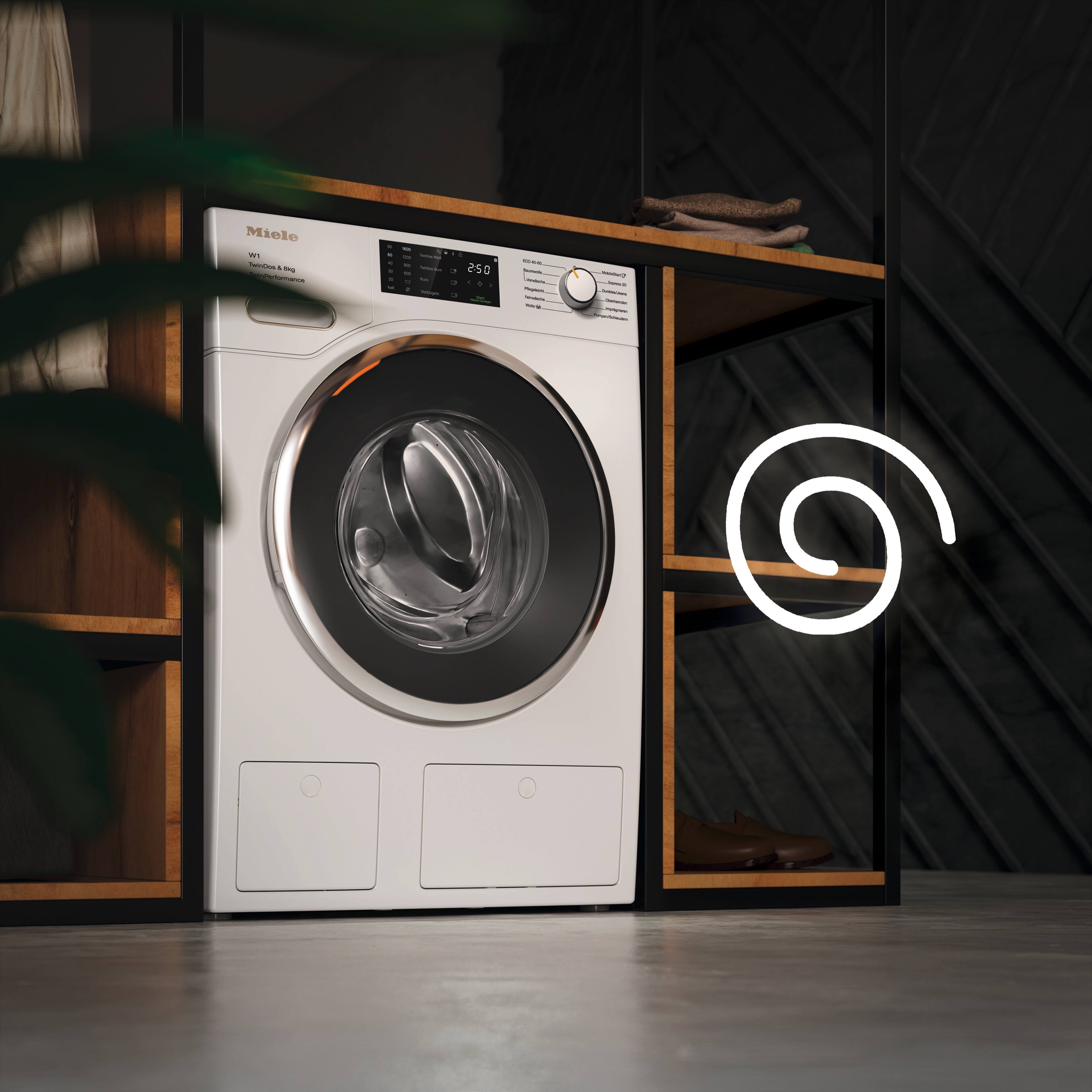Miele washing machine next to a swirl icon