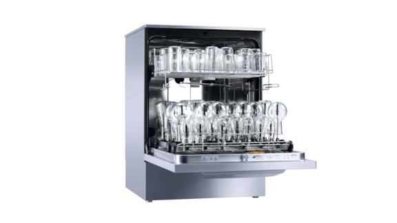 Open laboratory washer loaded with laboratory glassware