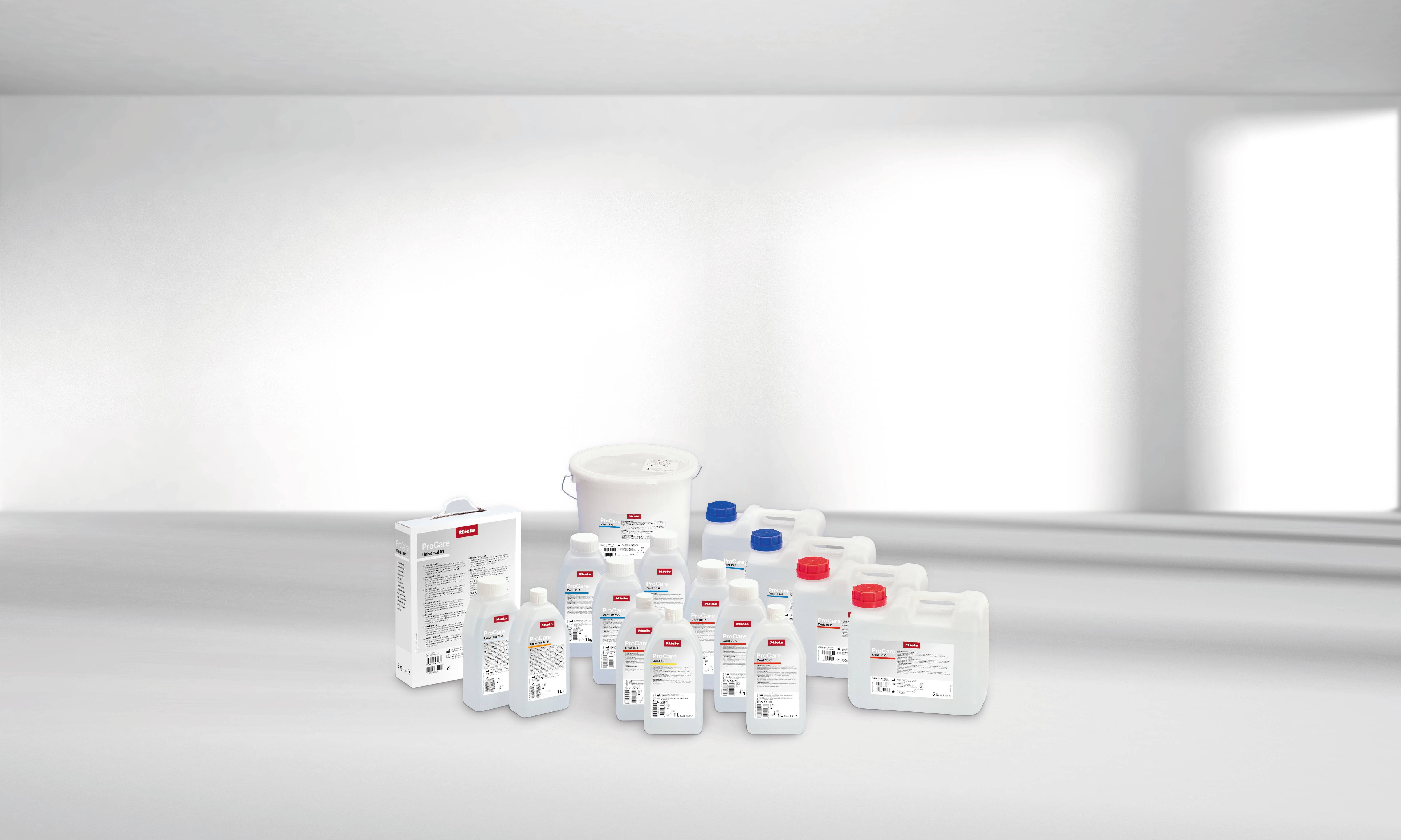A range of chemicals available as accessories are shown in different sizes
