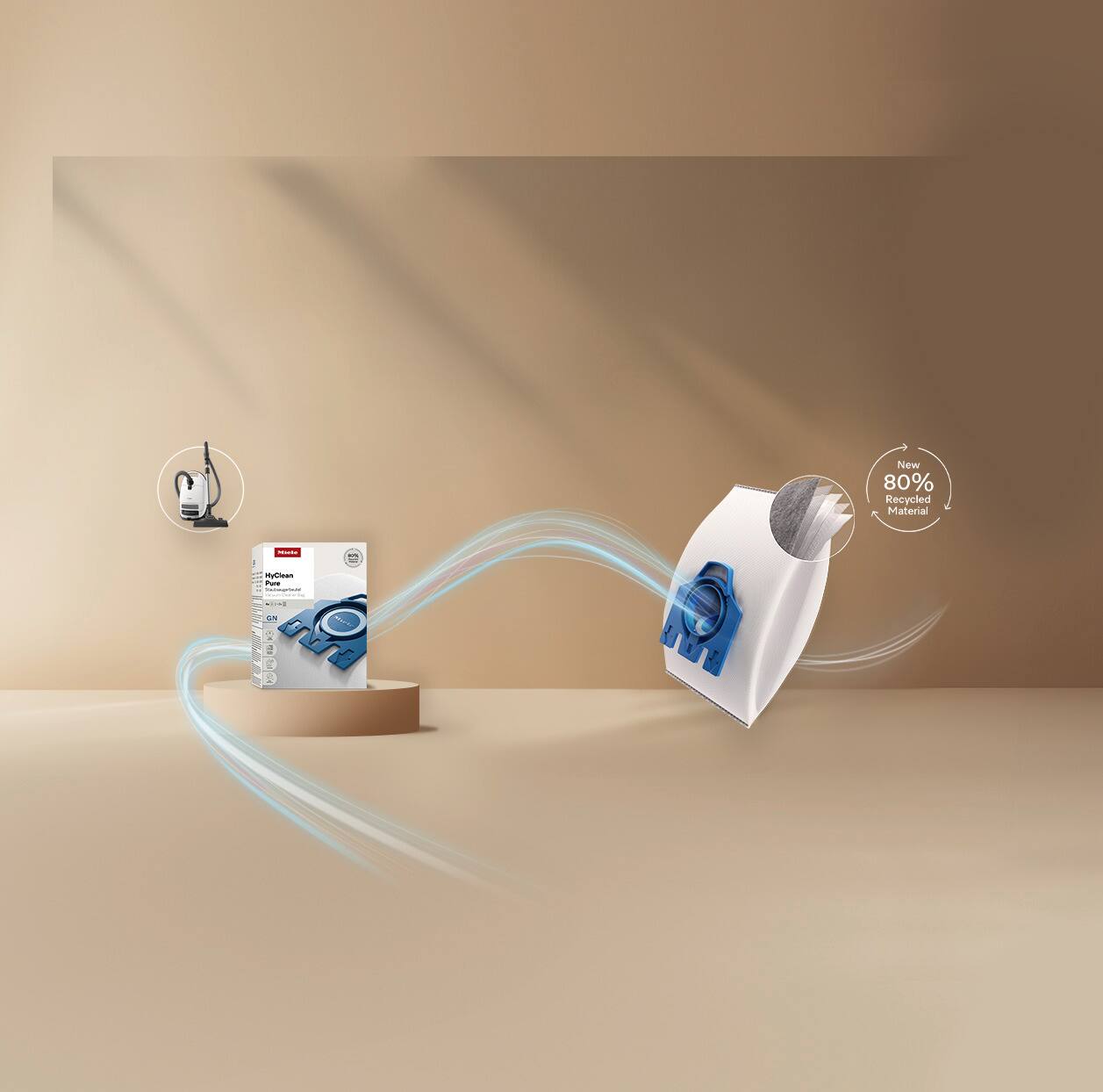 Grafika prezentująca worki do odkurzacza Miele i podkreślająca materiał pochodzący w 80% z recyklingu