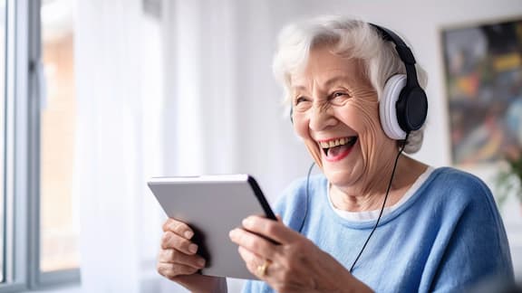 Portrait lifestyle d’une dame âgée portant des écouteurs et utilisant une tablette pour la visiophonie et le divertissement en streaming