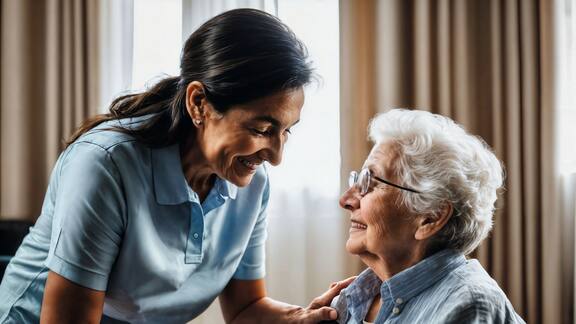 Weibliche Pflegekraft berührt die Schulter einer älteren Frau, die sich hinsetzt.