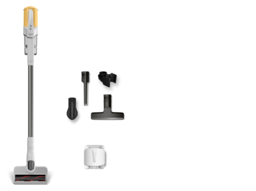 Duoflex HX1 - Прахосмукачка, захранвана с батерия Безкабелна права прахосмукачка с глава за под, няколко приставки за аксесоари и док станция за зареждане, показани на бял дисплей.