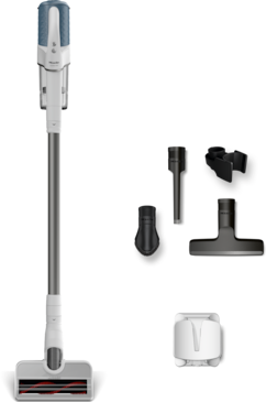 Duoflex HX1 - Акумуляторні пилососи Акумуляторний пилосос зі знімним ручним блоком, показаний з декількома насадками (щілинна щітка, щітка, інструмент для оббивки, міні-насадка з електроприводом) і зарядною док-станцією на білому тлі.