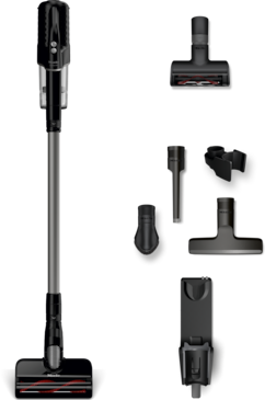 Duoflex HX1 Cat & Dog - Прахосмукачка, захранвана с батерия Безкабелна права прахосмукачка със свалящ се ръчен модул и множество приставки, включително моторна глава за четки, инструмент за почистване на процепи, четка за тапицерия, широка дюза за под и конзола за стена за зареждане.