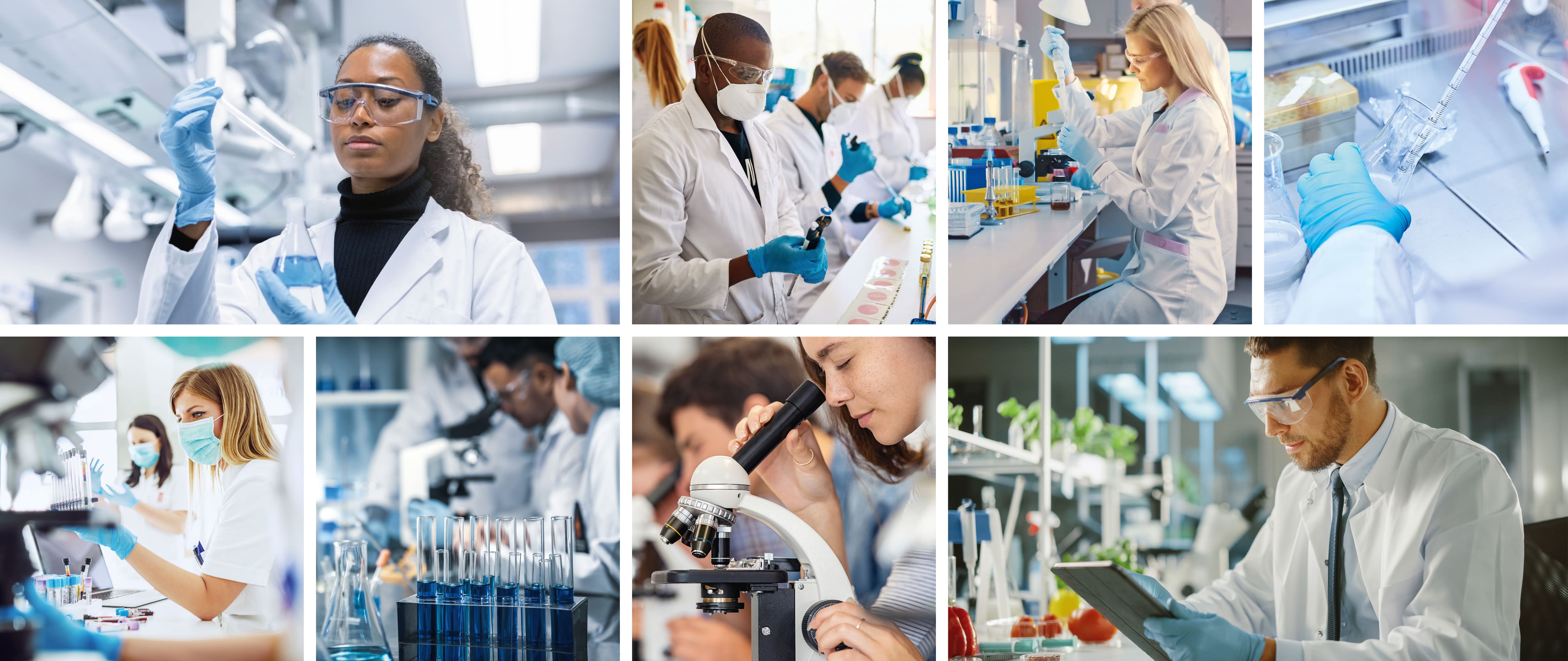 Collage mit verschiedenen Laboren - vom Schullabor bis zum Biotechnolgielabor.