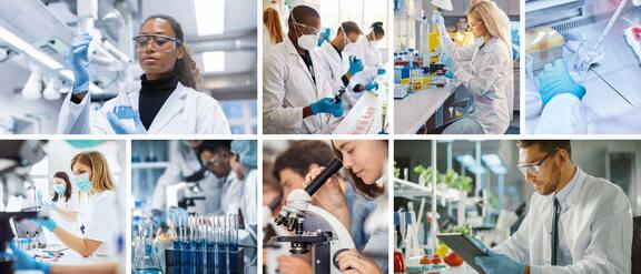 Collage mit verschiedenen Laboren - vom Schullabor bis zum Biotechnolgielabor.