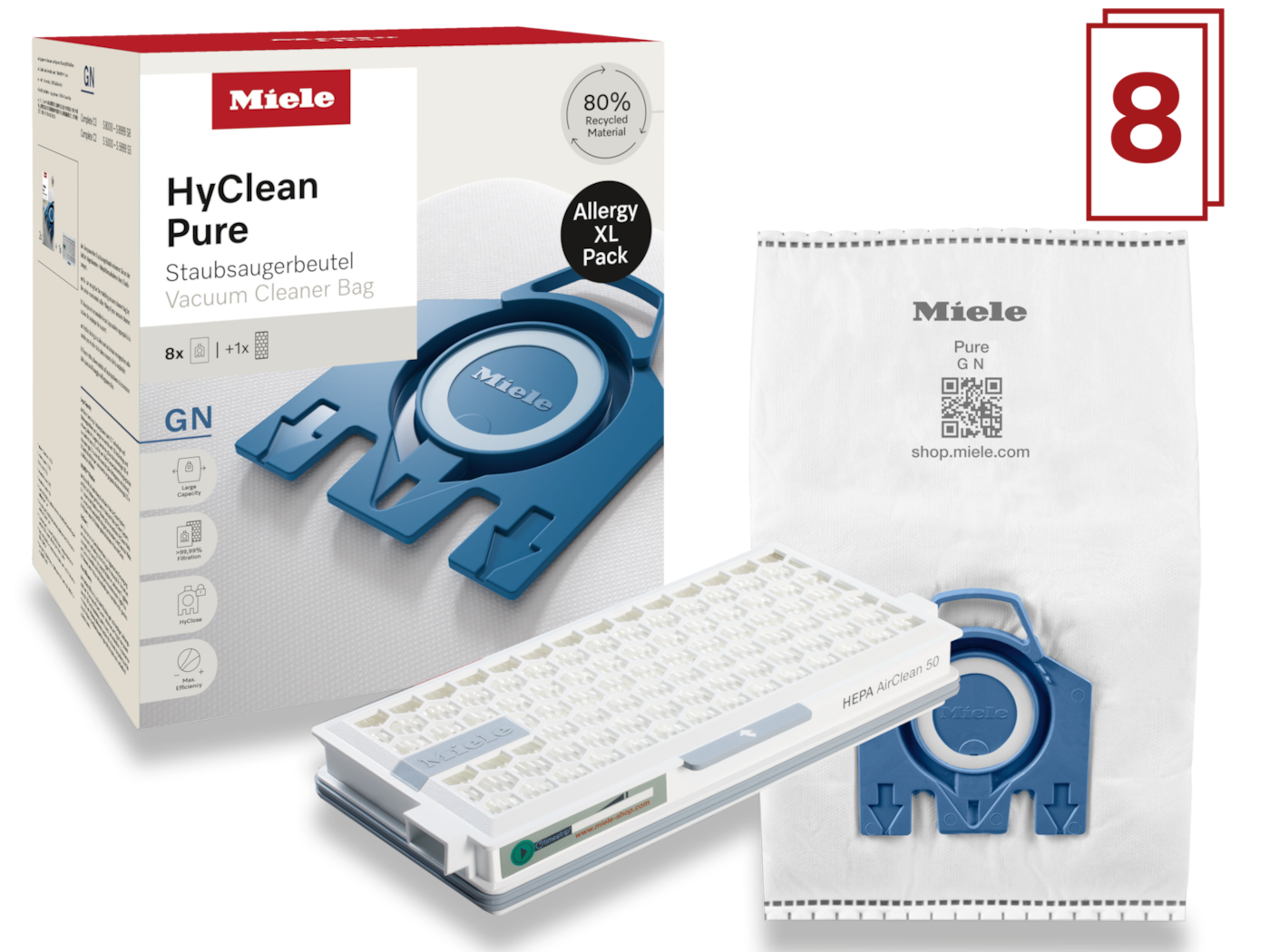 HyClean Pure GN XL dulkių siurblio maišeliai + HEPA AirClean filtras product photo Front View2 ZOOM