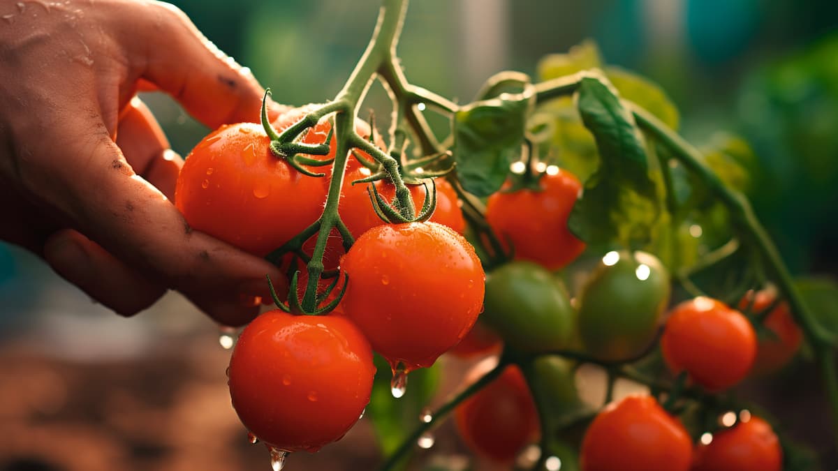 Von Hand pflückt reife Tomaten von einer Pflanze