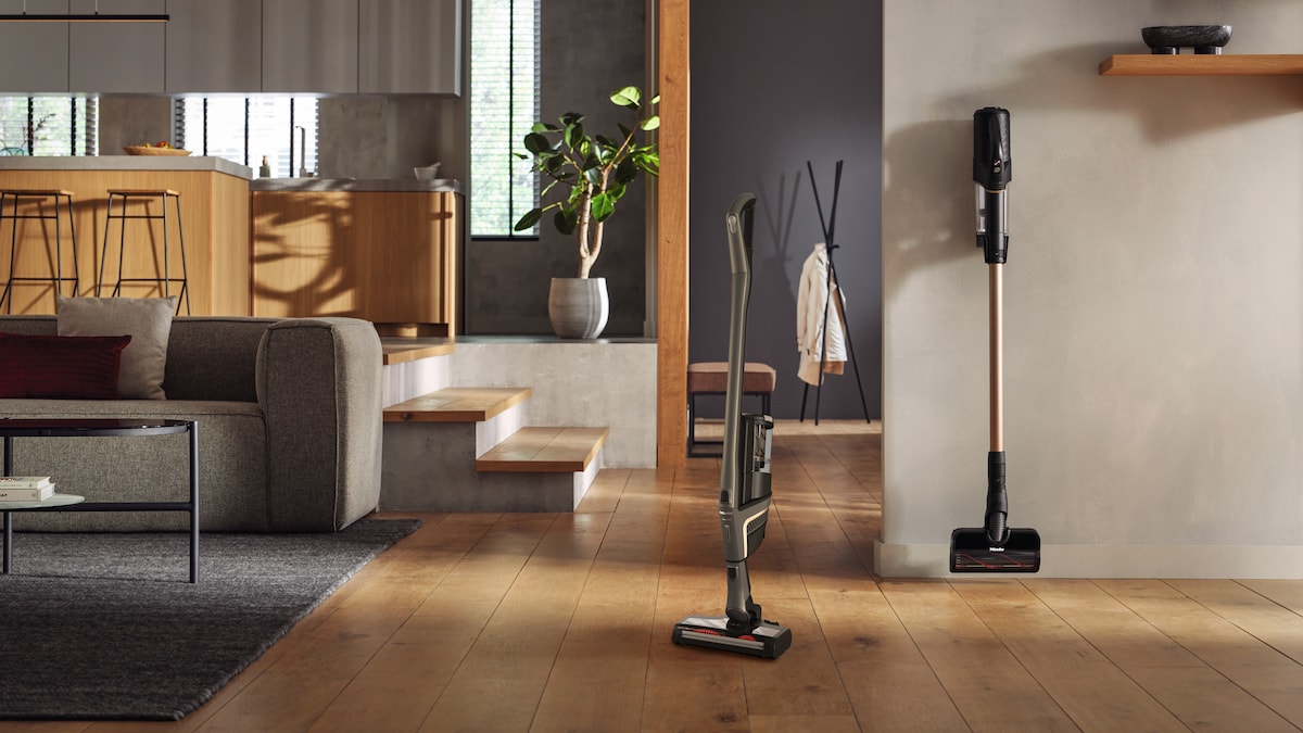 living room with Miele cordless vacuums