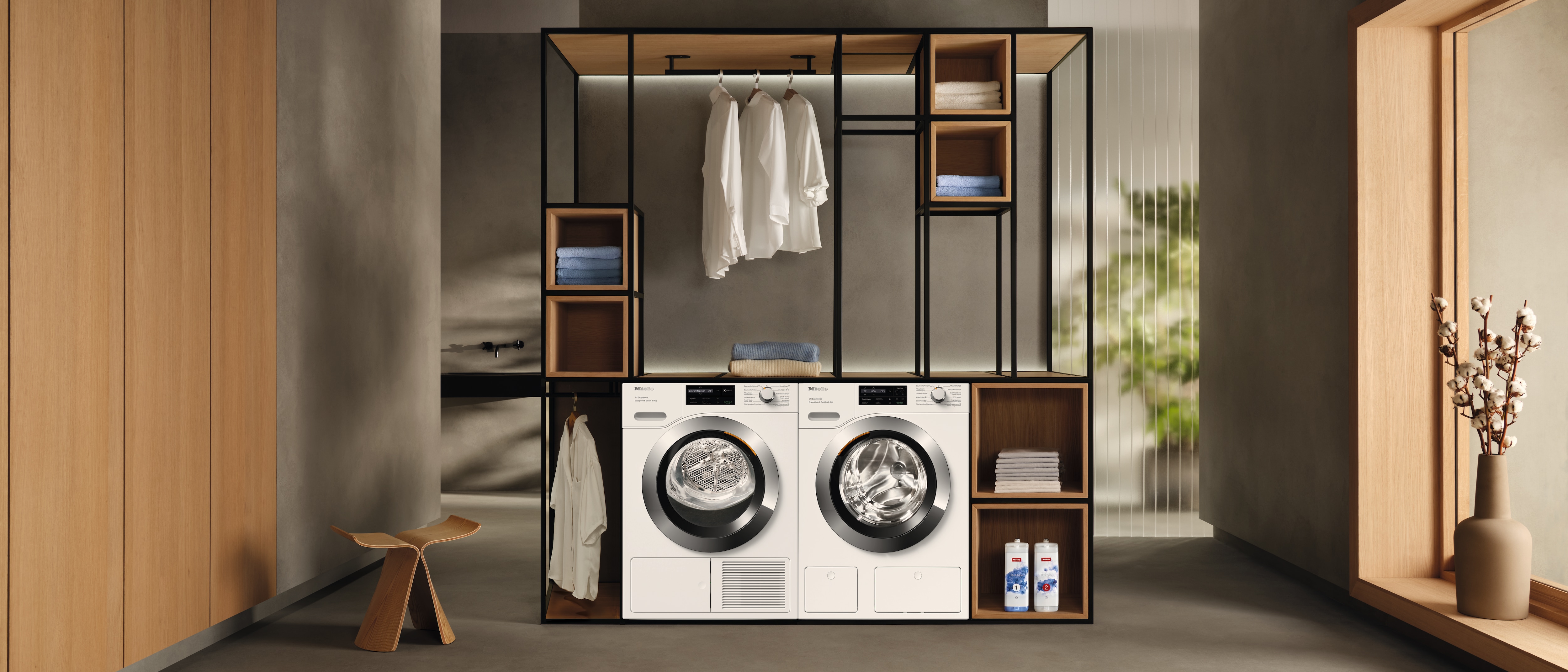 Miele washing machine and Miele dryer in a laundry room