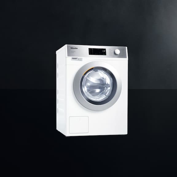 The Miele SmartBiz washing machine PWM 1108 is displayed on a black background.