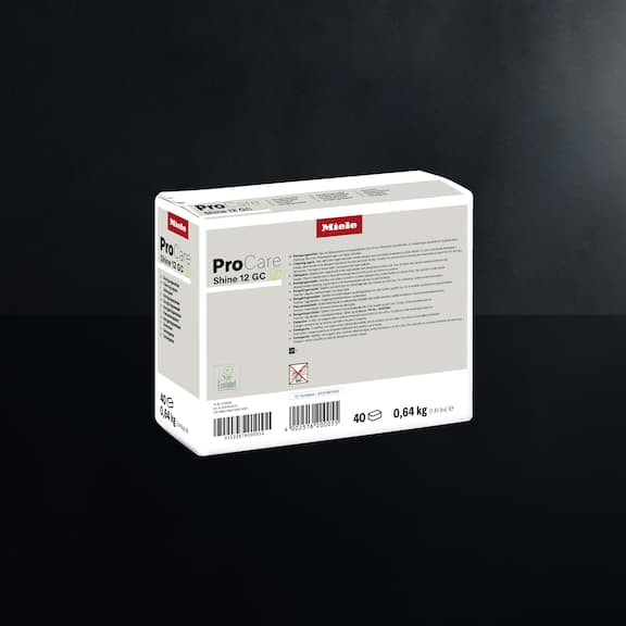 A package of Miele ProCare Shine 12 GC is displayed on a black background.