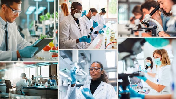 Kolaż z różnymi obrazami laboratoriów, od laboratorium szkolnego i biotechnologicznego po laboratorium kosmetyczne.