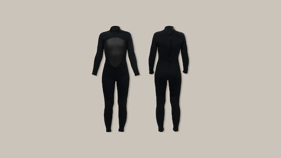Wetsuits against a plain grey background