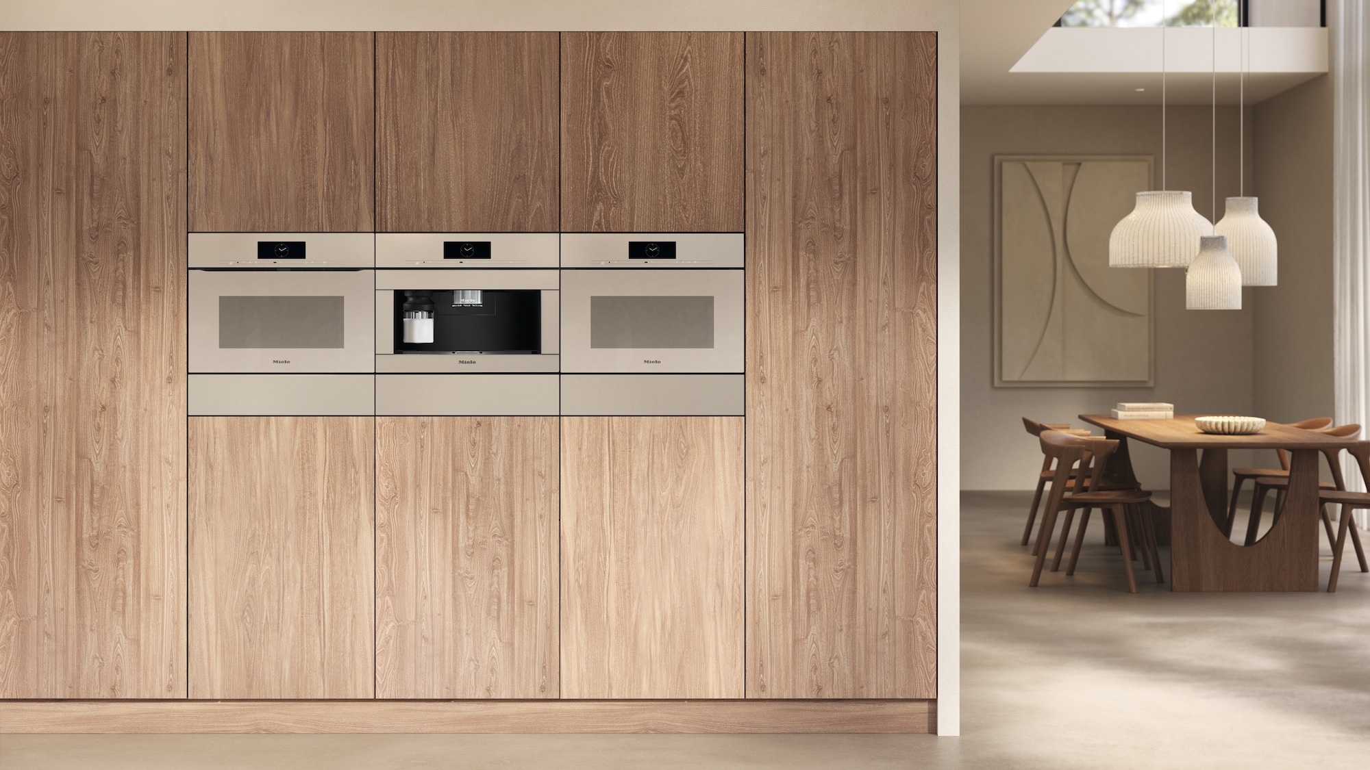 Pearl beige appliances in a light wood kitchen