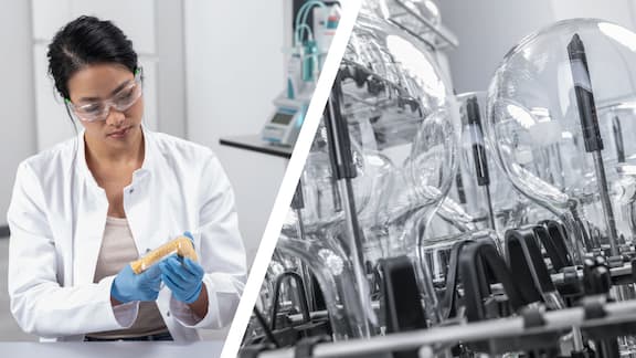 Split image showing a lab technician manually cleaning laboratory glassware with a sponge on the left and clean laboratory glassware in a laboratory washer on the right.