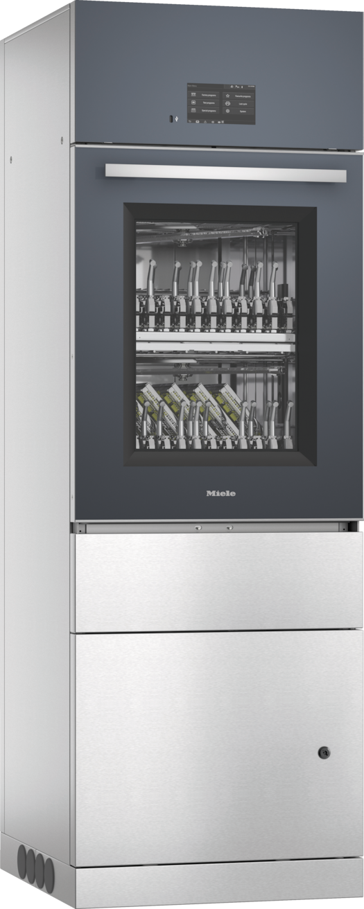 Miele-Reinigungs- und Desinfektionsgerät für medizinische Instrumente aus Edelstahl mit einer Gerätefront aus Glas und einer Touchscreen-Bedienblende.