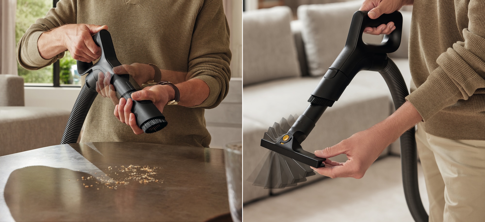 Person maneuvering the dusting brush and crevice tool that is attached to the vacuum handle