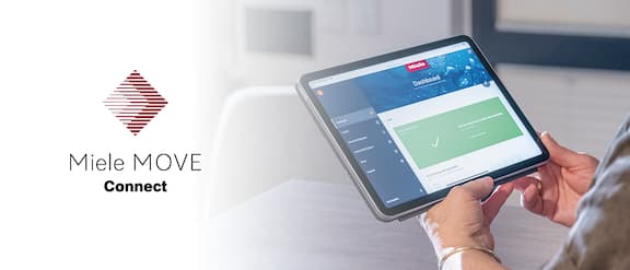 Someone is holding a tablet, showing the Miele MOVE Connect dashboard.