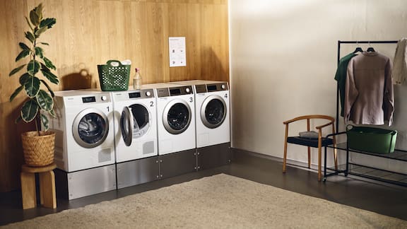 Lotus white Miele Professional Little Giants Performance tumble dryers stand side by side in a modern laundry room.