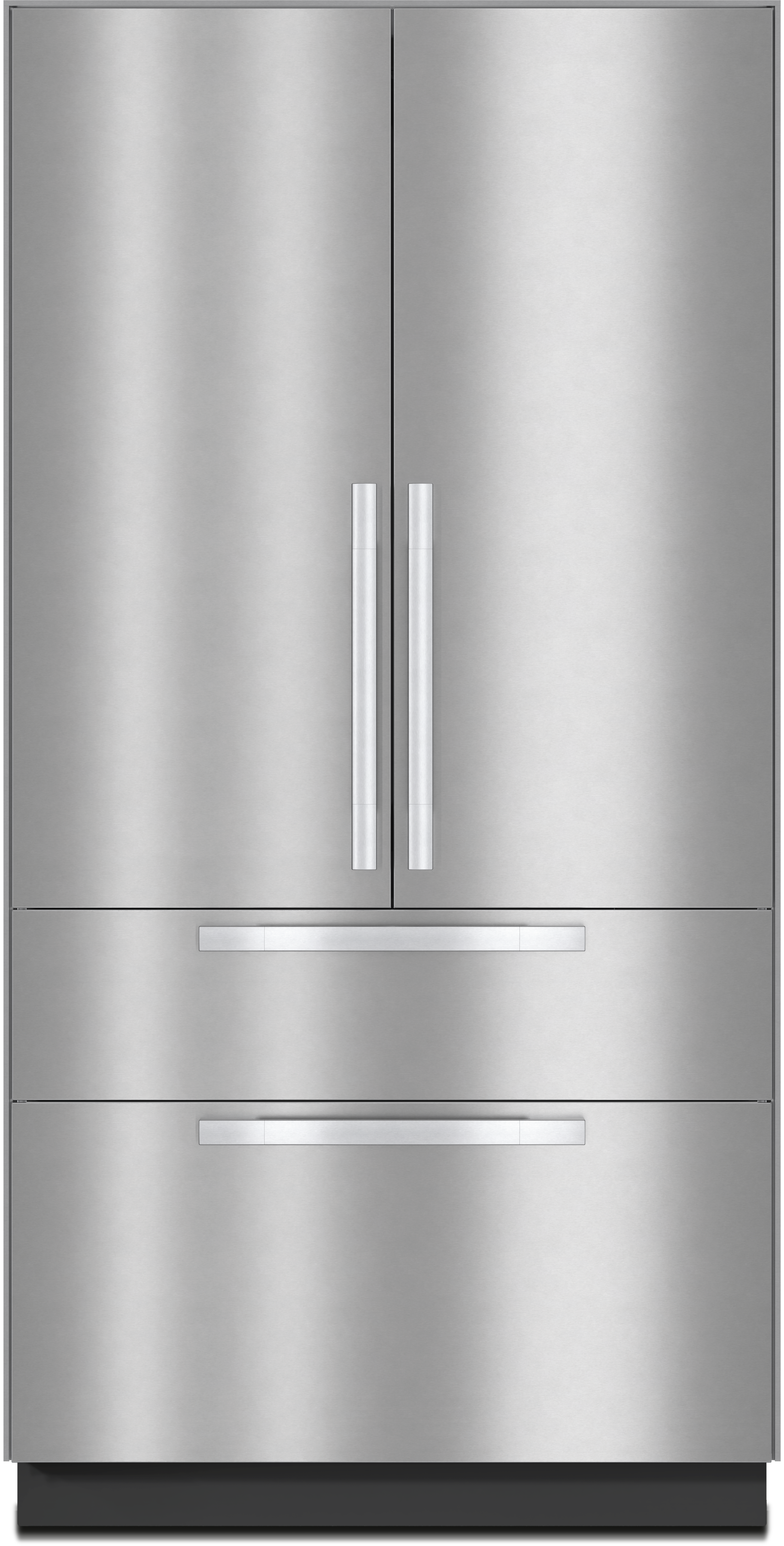 A stainless steel, French-door refrigerator with double doors on top and two pull-out freezer drawers below. A stainless steel, French-door refrigerator with double doors on top and two pull-out freezer drawers below.