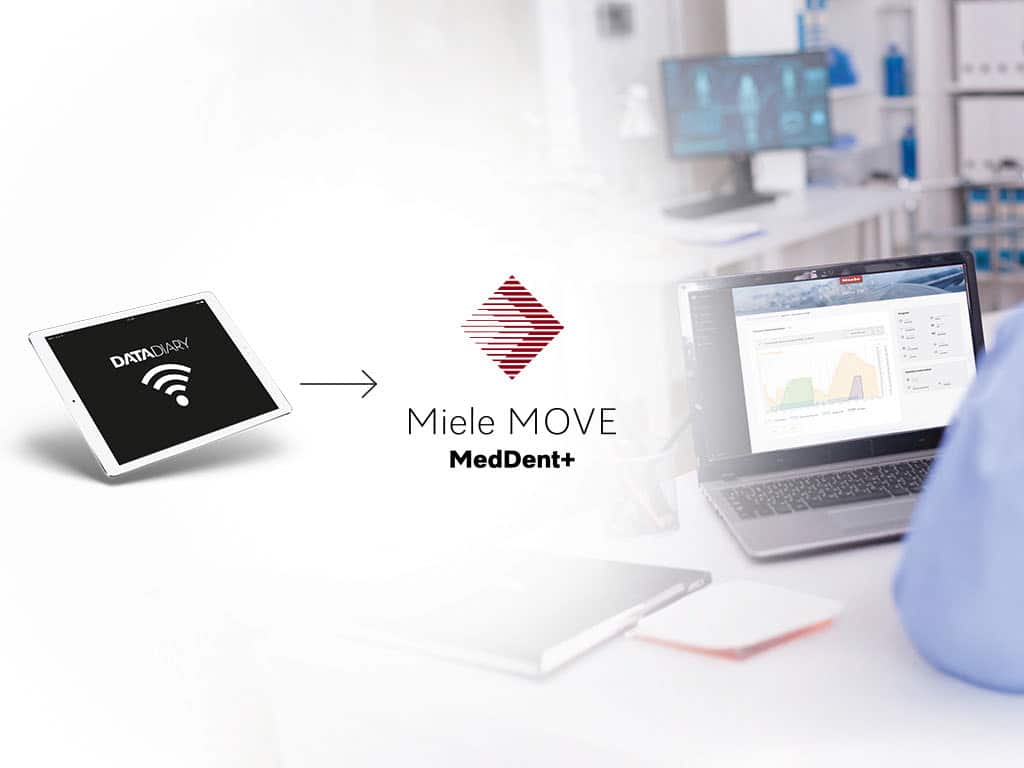 DataDiary logo und Miele MOVE MedDent+ logo neben einem Laptop in einer Arztpraxis
